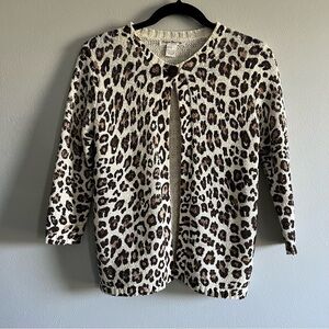 Susan Bristol Leopard One Button Open Front 3/4 Sleeve Cardigan Cotton Blend SM
